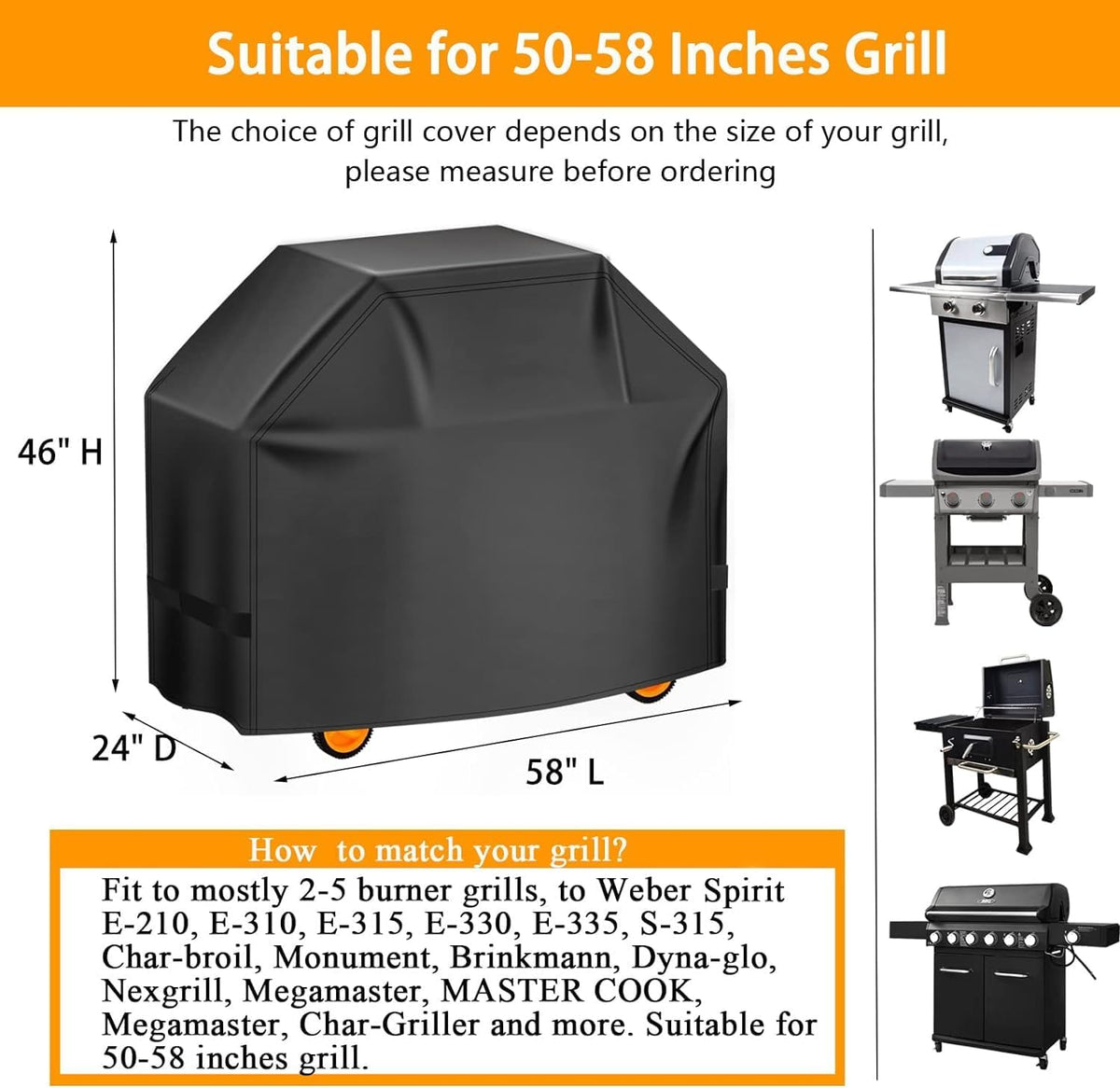 Grill Cover, 58 inch BBQ Gas Grill Cover for Outdoor Grill, Charbroil Grill Cover Barbecue Waterproof, Anti-UV for Weber Char-Broil Monument, Dyna-glo Nexgrill Spun Polyester