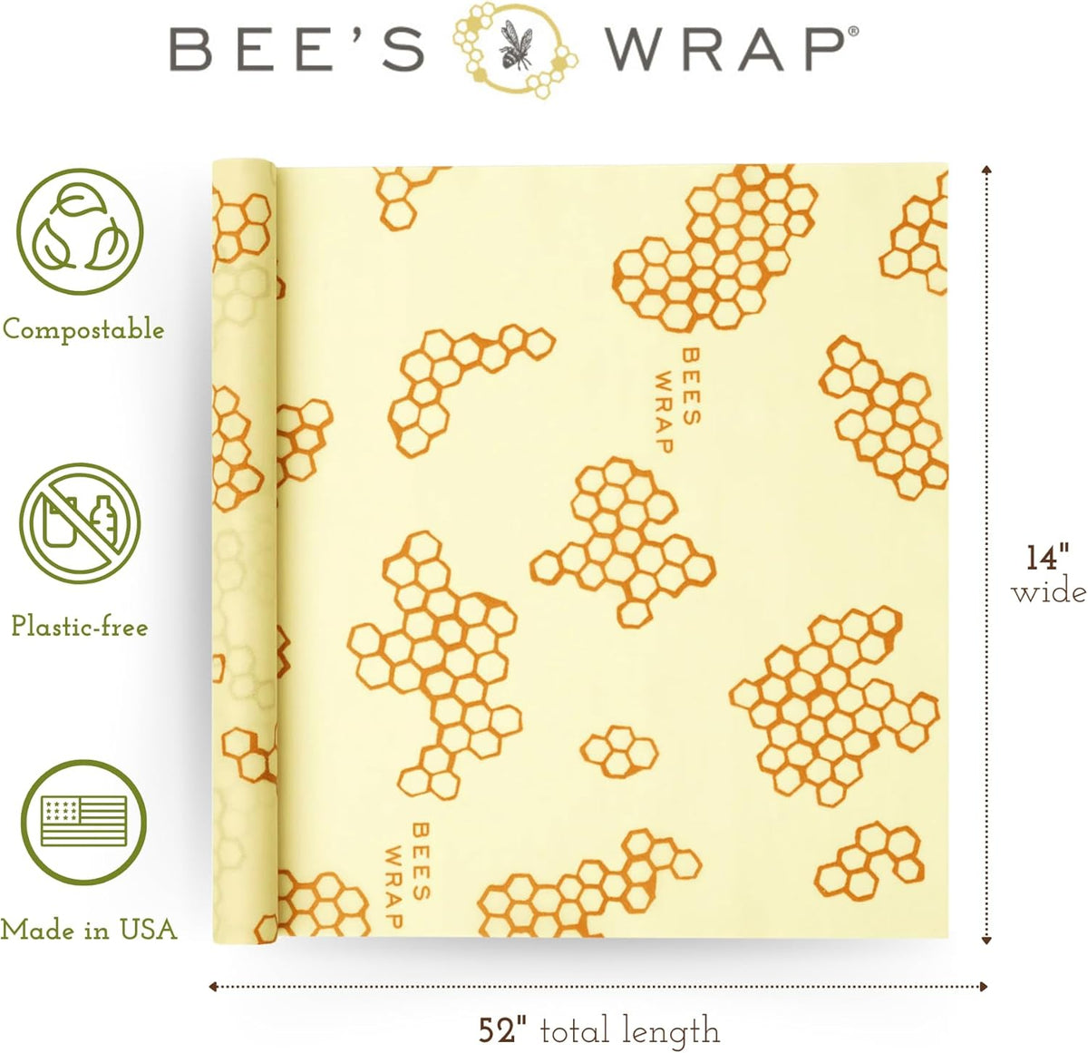 Bee's Wrap Beeswax Wraps for Food - Cut to Size 14x52" Wax Paper Roll - Made in USA Reusable Waxed Paper & Bowl Covers - Organic & Eco-Friendly Alternative to Aluminum Foil & Plastic Wrap, Honeycomb