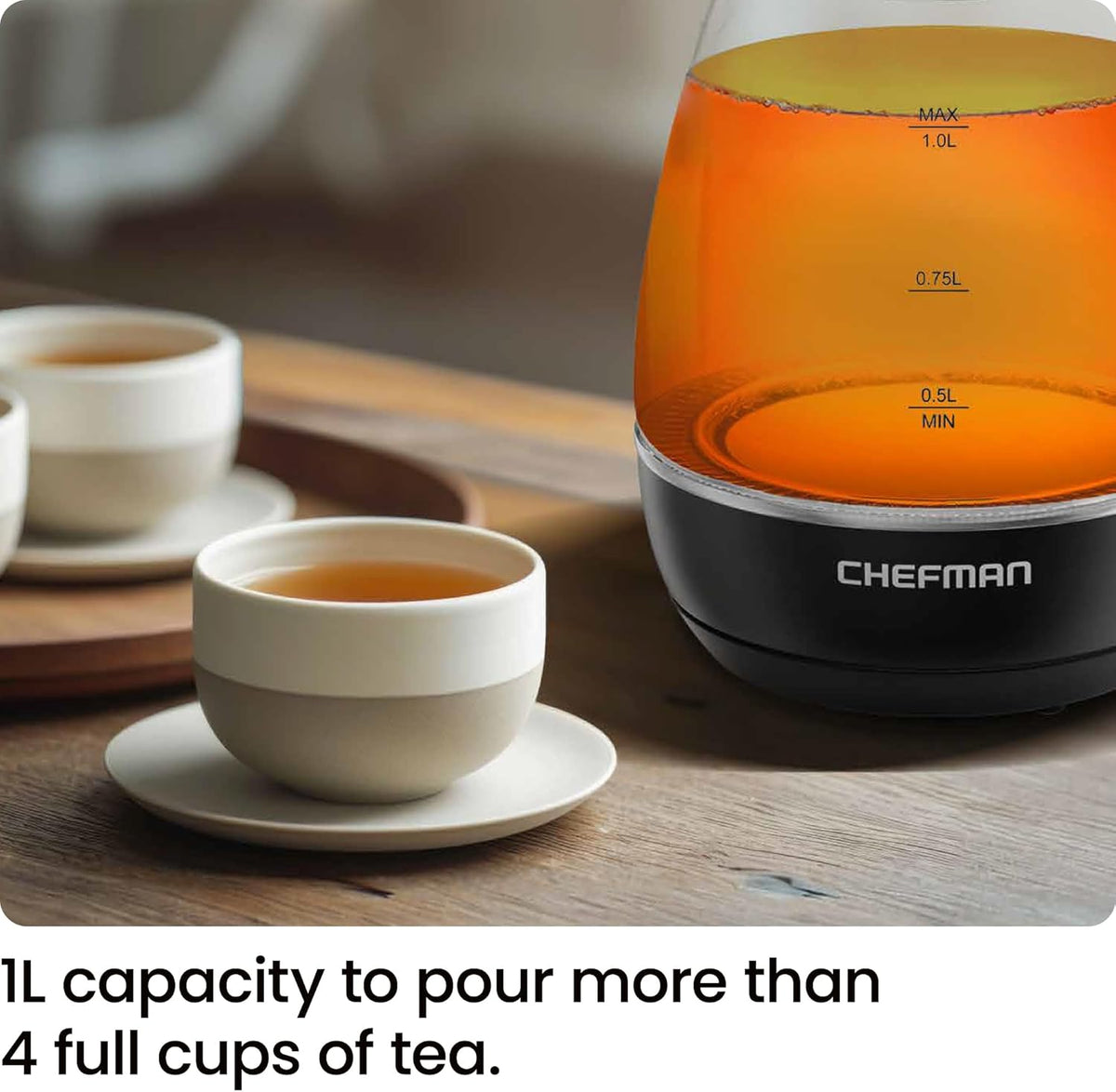 Chefman Electric Kettle with Tea Infuser, Compact 1L (4 Cups), 1500W, Removable Lid for Easy Cleaning, Boil-Dry Protection, Stainless Steel Filter, BPA Free, Auto Shut Off, Small Electric Tea Kettle