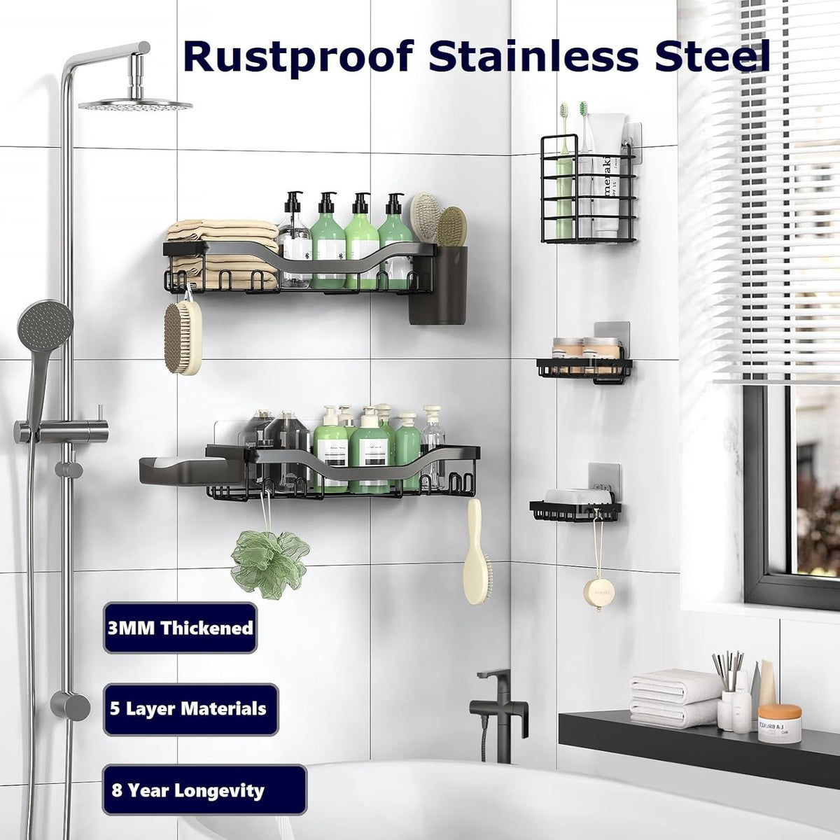 Shower Caddy Adhesive Shower Organizer 7-Pack, Rustproof Stainless Steel Bathroom Shelves, Large Capacity No-Drill Rack Storage Accessories with Soap Dish Toothbrush Holder &24 Hooks Home Decor