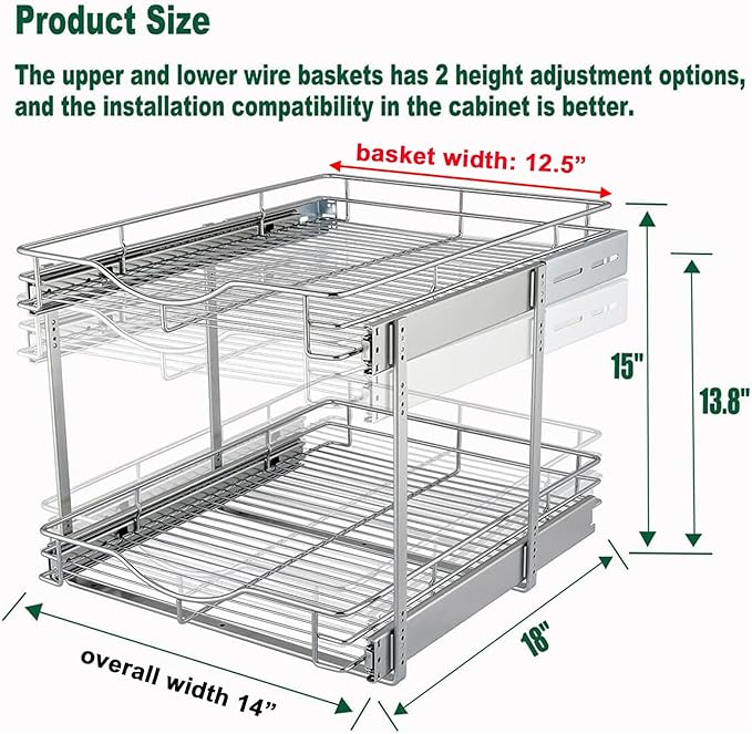DINDON 2 Tier Pull Out Cabinet Organizer (14" W X 18" D), Double Tier Wire Basket Slide Out Shelf Storage for Kitchen Base Cabinet Organization for Kitchen, Pantry, Bathroom, Chrome