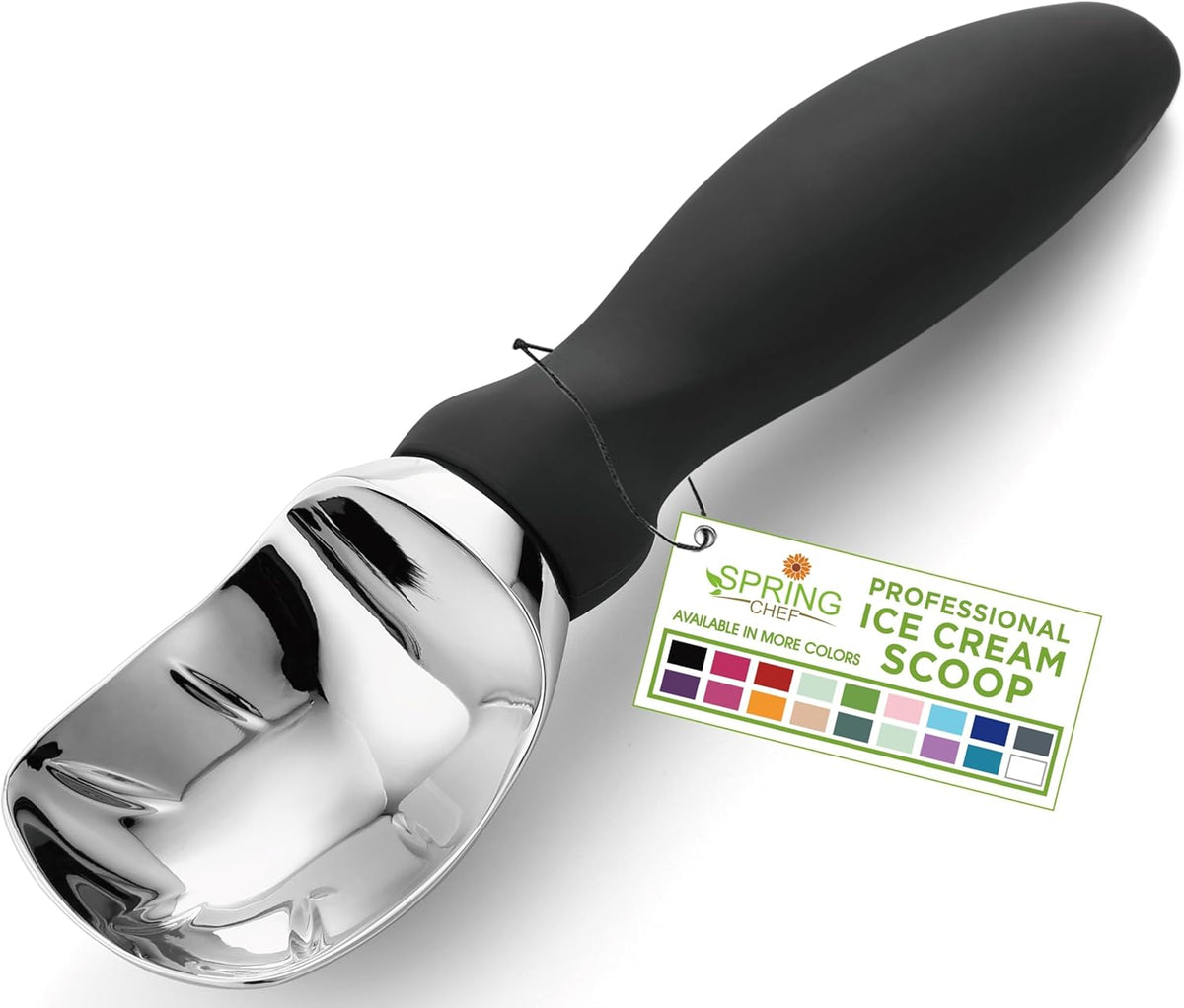 Spring Chef Heavy Duty Ice Cream Scoop with Comfortable Handle - Professional Ice Cream Scooper for Gelato, Sorbet, Cookie Dough, Melon, Frozen Yogurt - Dishwasher Safe Metal Kitchen Tool - Black