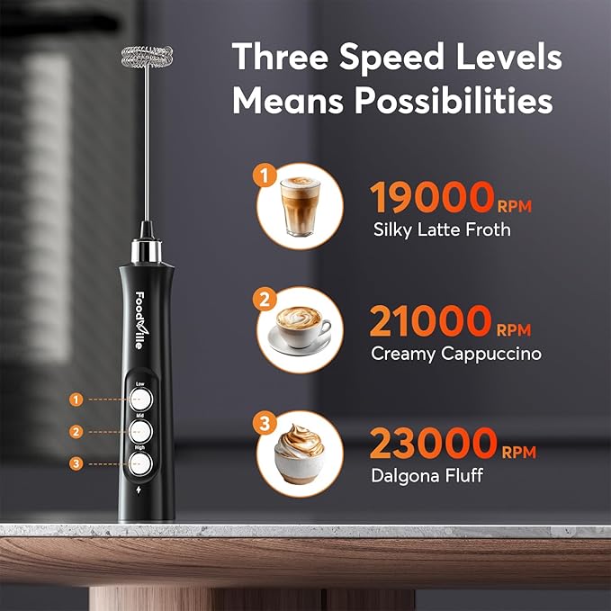 FoodVille MF02 Rechargeable Milk Frother Handheld Foam Maker with Stainless Whisk for Cappuccino, Latte, Bulletproof Coffee, Keto Diet, Protein Powder, Matcha (Dark Black)