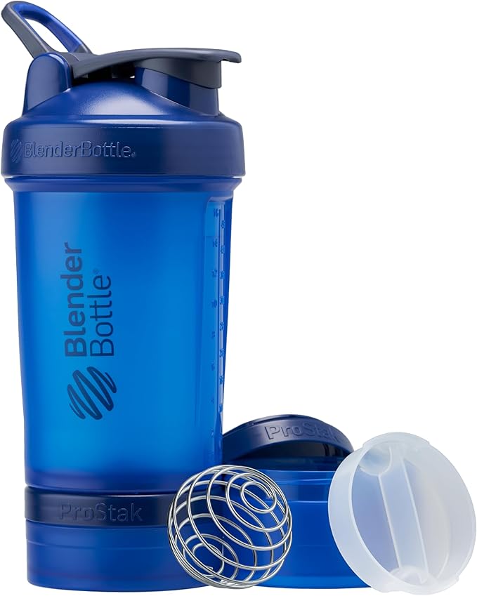 BlenderBottle Shaker Bottle with Pill Organizer and Storage for Protein Powder, Classic V2 ProStak System, 22-Ounce, Blue