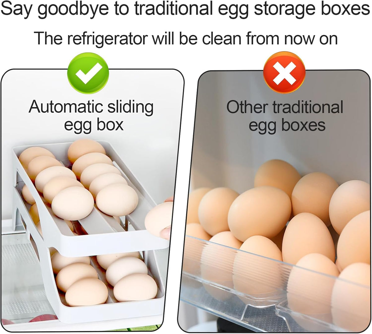 Egg dispenser for refrigerator, Automatic rolling egg holder for fridge, Space saving, Holds 28 Eggs, For kitchen,cabinets,table,refrigerator