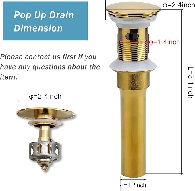 Rockgoya Bathroom Sink Drain, 5 Pack Gold Drain Stopper Bathroom Sink with Overflow, Pop Up Drain Assembly with Detachable Strainer Basket, Built-in Anti-Clogging Strainer,Stainless Steel
