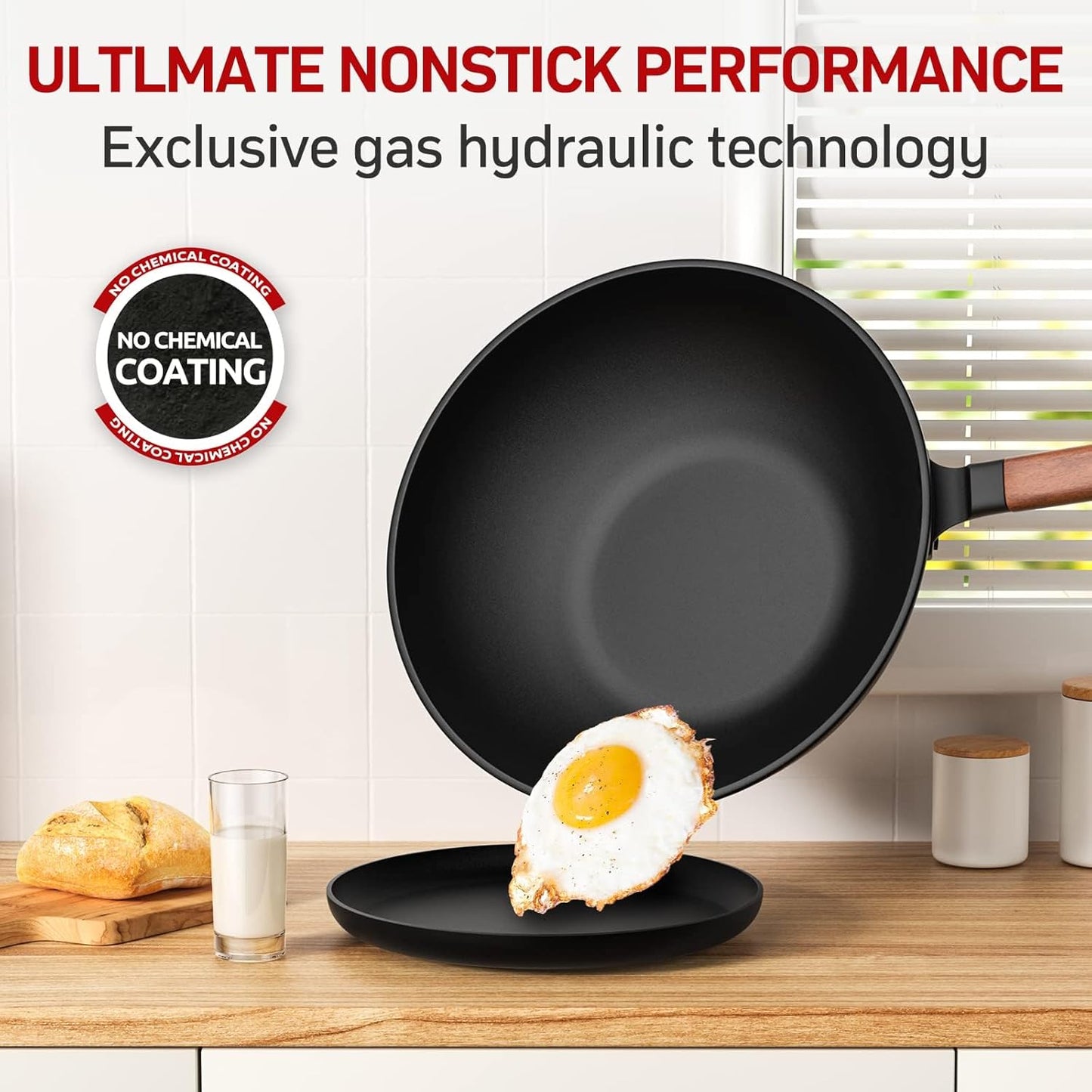 Carbon Steel Wok - Including Glass Cover and Steel Spatula, 13-Inch Woks & Stir-Fry Pans for Induction, Electric, Gas Stoves