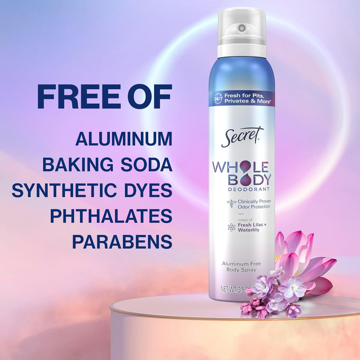 Secret Whole Body Deodorant Spray for Women, Lilac & Waterlily Scent, Aluminum Free Deodorant Spray, 72 HR Odor Protection, 3.5 oz