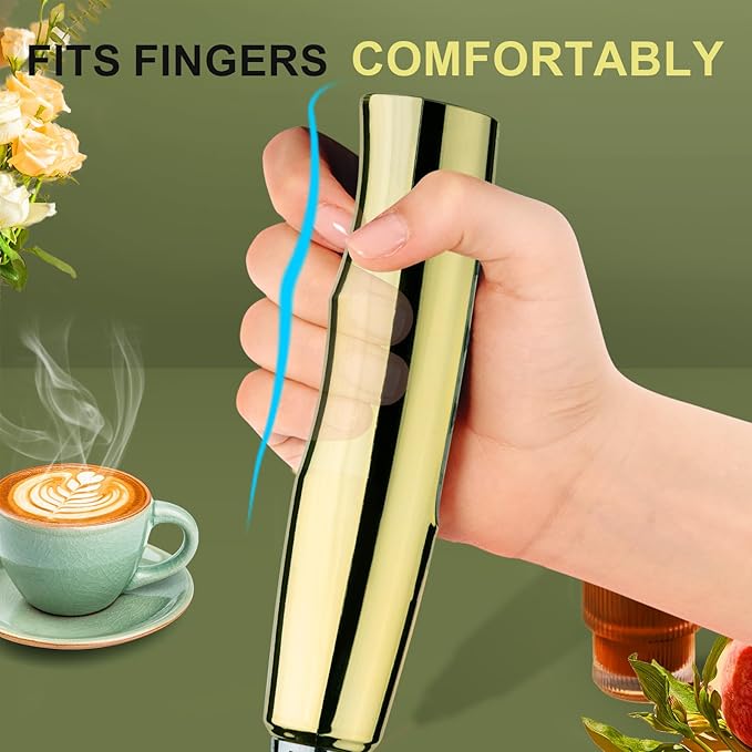 YUSWKO Champagne Gold Handheld Milk Frother Wand for Coffee, Rechargeable Electric Whisk with 3 Heads 3 Speeds Drink Mixer Coffee Frother For Latte, Cappuccino, Hot Chocolate, Egg