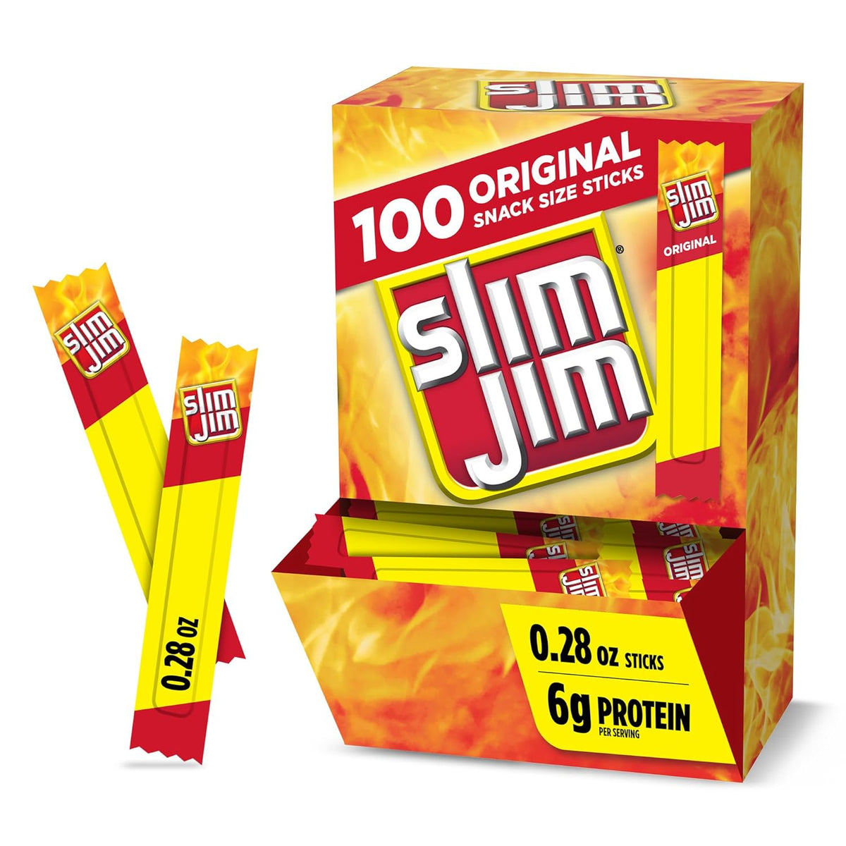 Slim Jim Smoked Meat Sticks, Original Flavor, 6g Protein Per Serving, Snack Size, 0.28 oz. (100 Count)