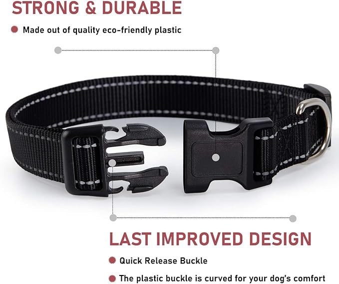 Reflective Dog Collar with Buckle Adjustable Safety Nylon Collars for Small Medium Large Dogs, Black XL