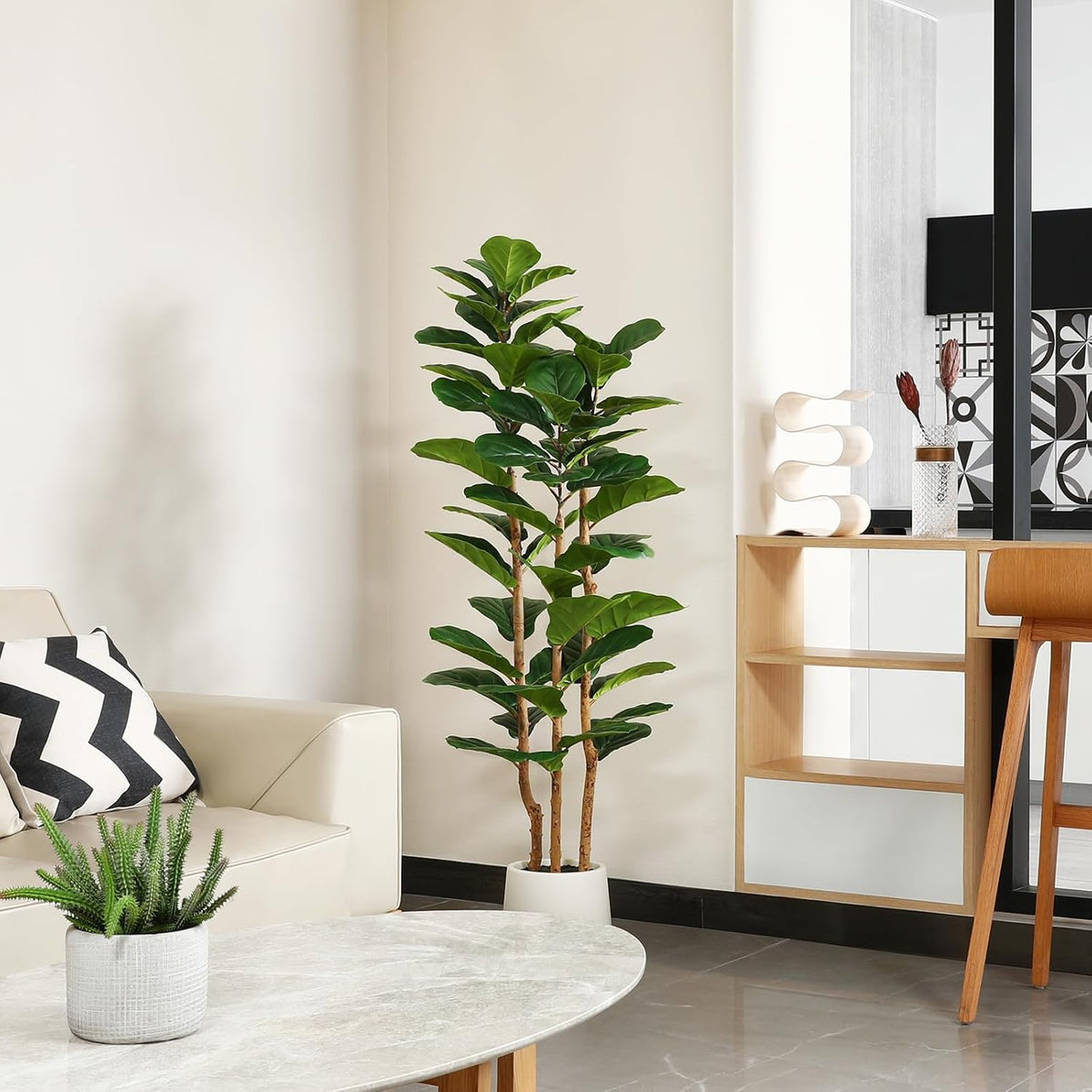 Artificial Fiddle Leaf Fig Tree with White Planter,5ft Tall Fake Tree with Natural Wood Trunk for Home Decor, Faux Ficus Tree Fake Moss for Indoor Office Living Room
