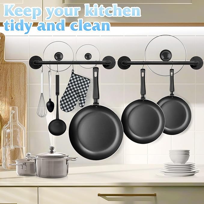 Pot Pan Rack Wall Mounted Set of 2, 21" Industrial Pipe Utensils Hanger Holder Pots Storage Organizer Iron Detachable Hanging Rail for Kitchen with 10 S Hooks…