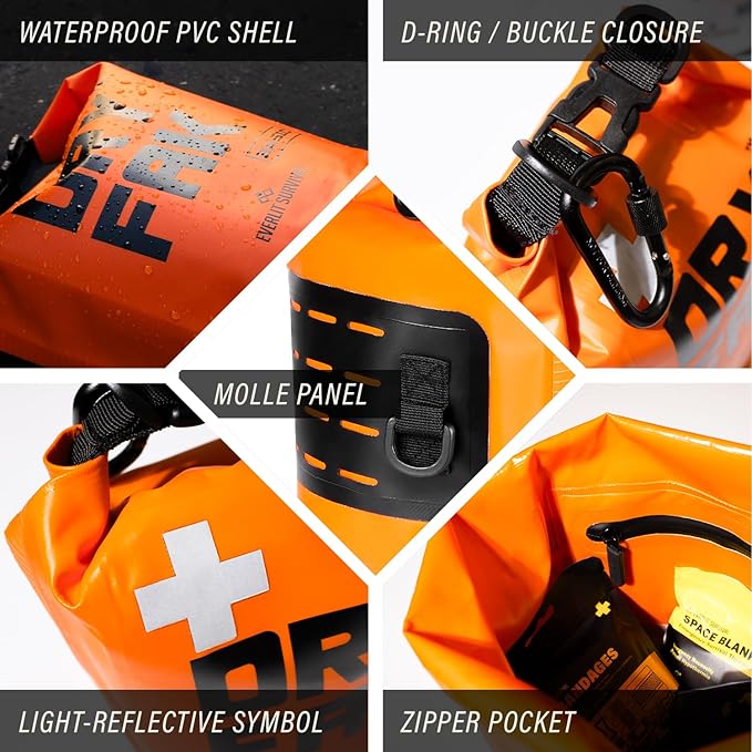 EVERLIT 290 Pc Waterproof First Aid Kit Dry FAK Medical Kit Emergency Survival Kit for Boat, Backpacking, Hiking, Fishing, Travel, Kayaking (Orange) (OD Green)