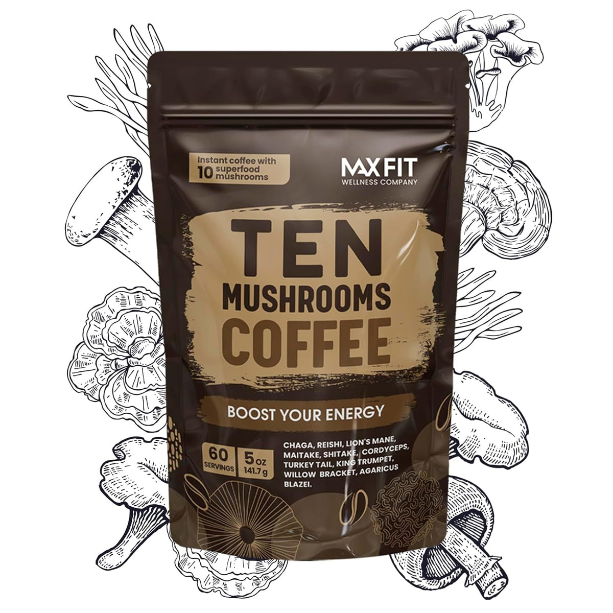 Mushroom Coffee (60 Servings) 10 Mushrooms (Lion’s Mane, Cordyceps, Turkey Tail & Other) Mixed With Gourmet Arabica Instant Immune Boosting Coffee for Focus & Gut Health Support