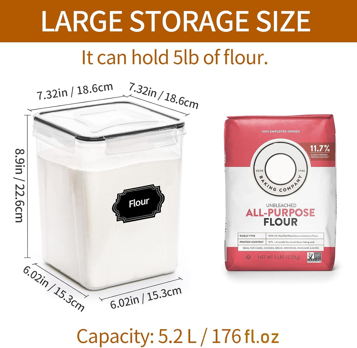 4 Pack Large Airtight Food Storage Containers with Lids (5.2L / 176oz), BPA Free Plastic Kitchen and Pantry Organization Contianers for Cereal Flour and Sugar Storage, Labels & Marker