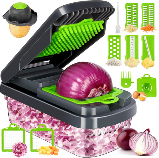 Vegetable Chopper,12-in-1 Multifunctional Food Chopper,Professional Onion Chopper with 7 Blades,Vegetable Cutter with Container for Salad,Potato,Carrot,and Garlic; Essential Kitchen Tool(Grey)
