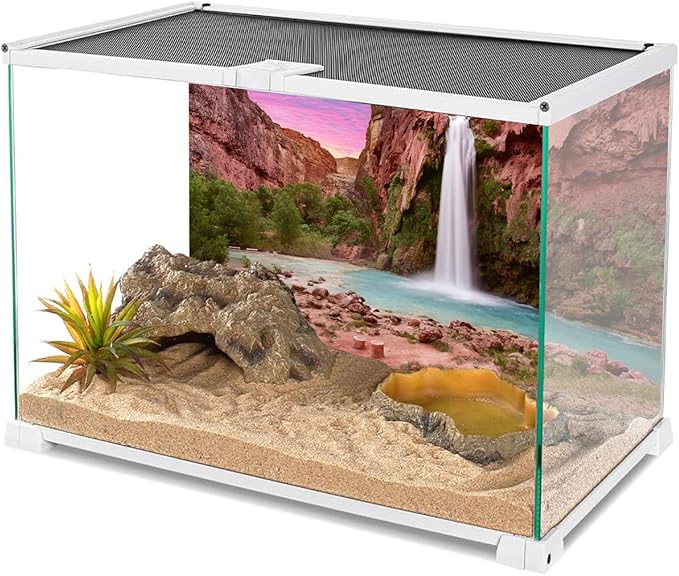 AWERT 48x20 inches Reptile Habitat Background Sunset Mountain Waterfall Terrarium Background