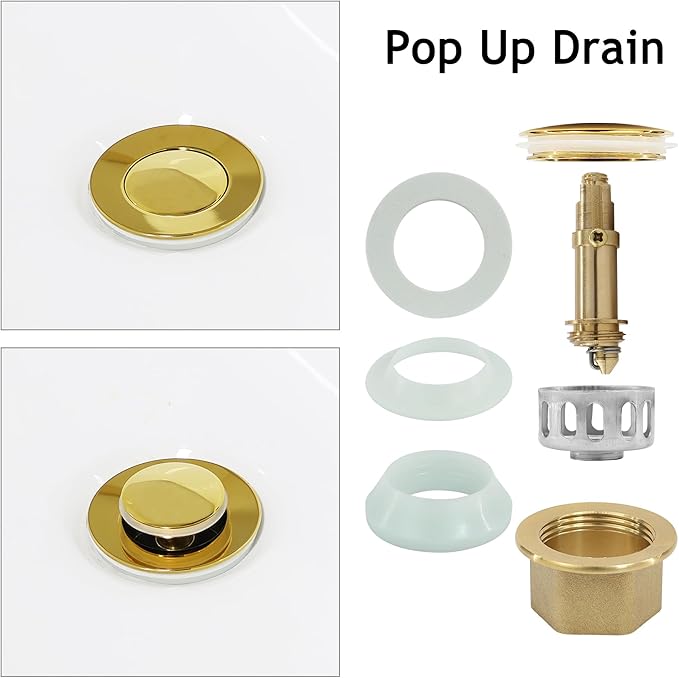 Bathroom Sink Drain,2 Pack Gold Stainless Steel Bathroom Drain Stopper Without Overflow,Small Cap Pop Up Drain Assembly with Detachable Strainer Basket,Built-in Anti-Clogging