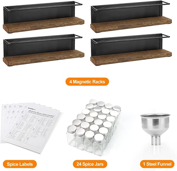 Magnetic Spice Rack with 24 Jars, 216 Labels, 1 Steel Funnel for Refrigerator，Microwave Oven - Full Set of Spice Organizer