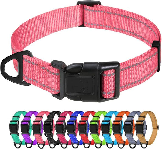 TagME Reflective Nylon Dog Collars, Adjustable Classic Pet Collar with Quick Release Buckle for Medium Dogs, Baby Pink, 1.0" Width