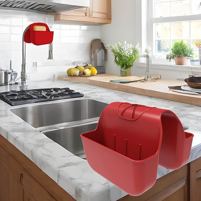 Sponge Holder for Kitchen Sink, Silicone Sink Saddle Caddy Organizer Rack, Sponges Holder Over Faucet, Hanging Kitchen Organizer Accessories Rack Basket Red