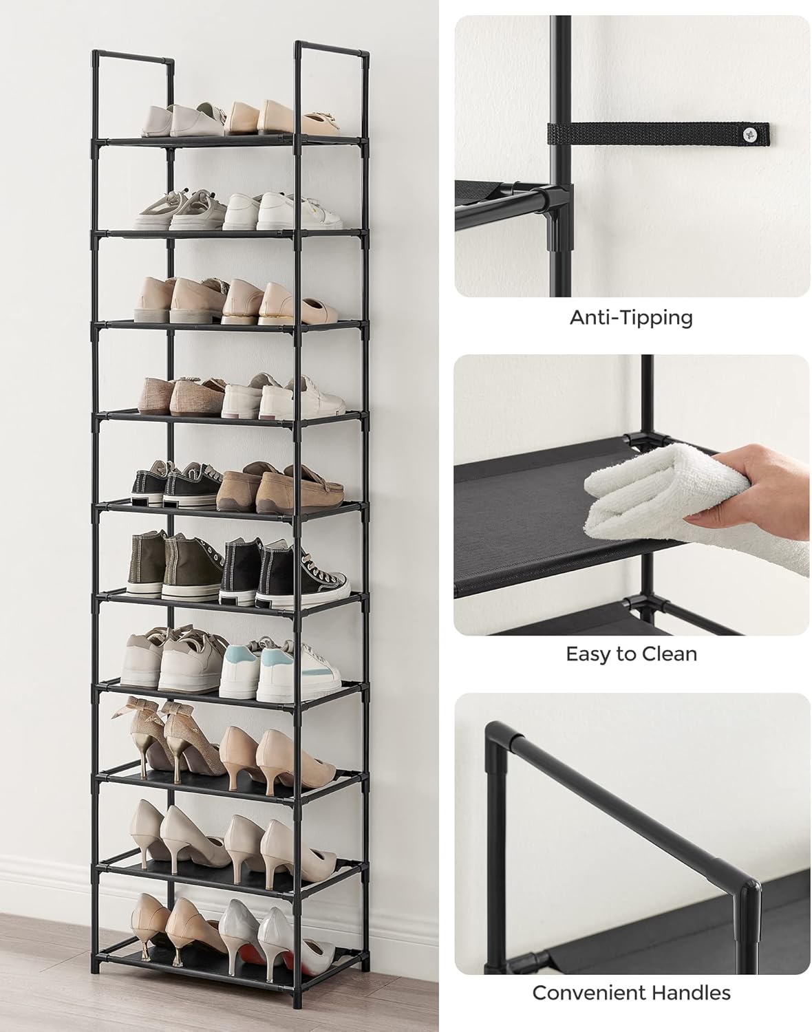 SONGMICS Shoe Rack, 10-Tier Shoe Shelf, Shoe Storage Organizer, 11 x 17.7 x 68 Inches, Metal Frame, Non-Woven Fabric Shelves, for Entryway, Bedroom, Black ULSH010B02