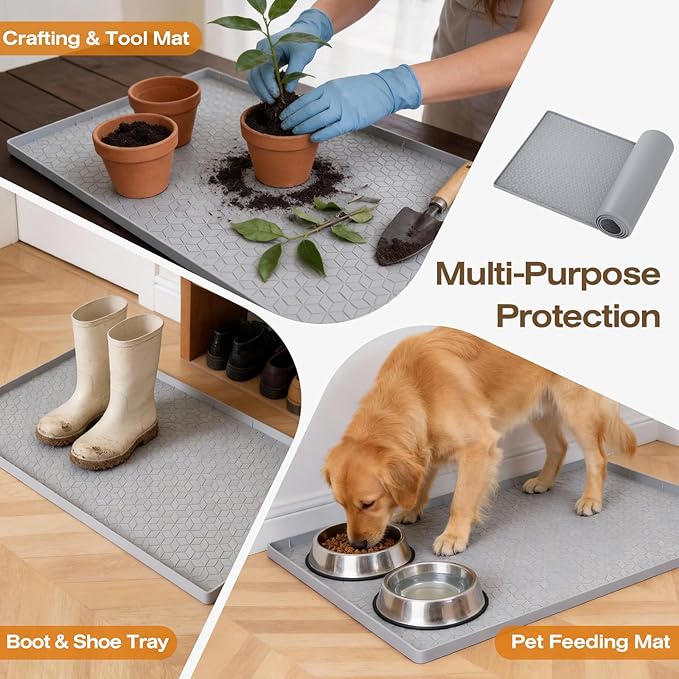 TRZZ Silicone Waterproof Under Sink Mat 28" x 19", Drip Tray and Cabinet Liner for Kitchen and Bathroom, Prevents Water Damage and Organizes Cabinets (Khaki)