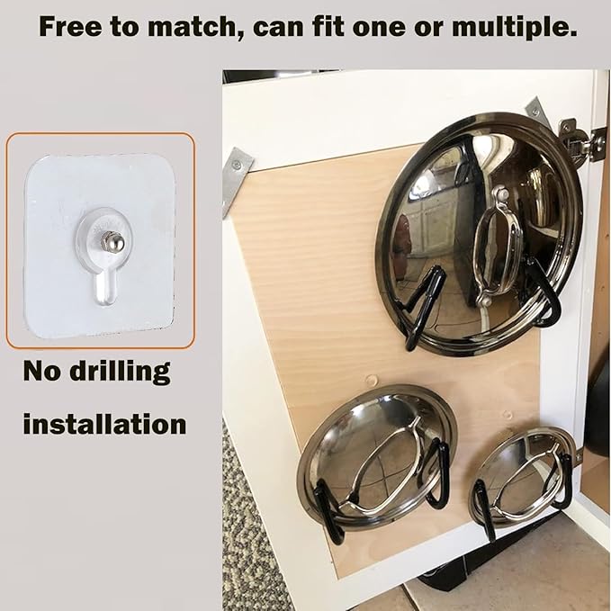 2 Pack Pot Lid Organizer Rack, Black Pot Lids Holder for Cabinet Door/Wall, No Drilling Adhesive Wall/Door Mounted Rustproof Pot and Pan Cover for Kitchen Storage, Pot lid no falls off.
