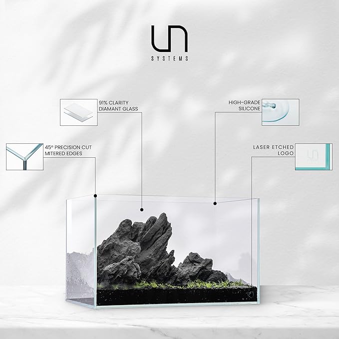 UNS Ultra Clear Rimless Tank - 2.1GAL | 8L - 7.87x7.87x7.87 | 20x20x20 CM, 5mm Glass Thickness, Leveling Mat Included - Low Iron, High Clarity Fish Tank w/ 45° Mitered Edge - [20C]