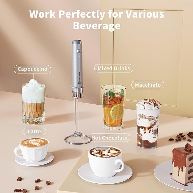 Maestri House Rechargeable Milk Frother with Stand, LunaFro Handheld Electric Foam Maker Waterproof Detachable Stainless Steel Whisk Drink Mixer Foamer for Lattes, Cappuccino