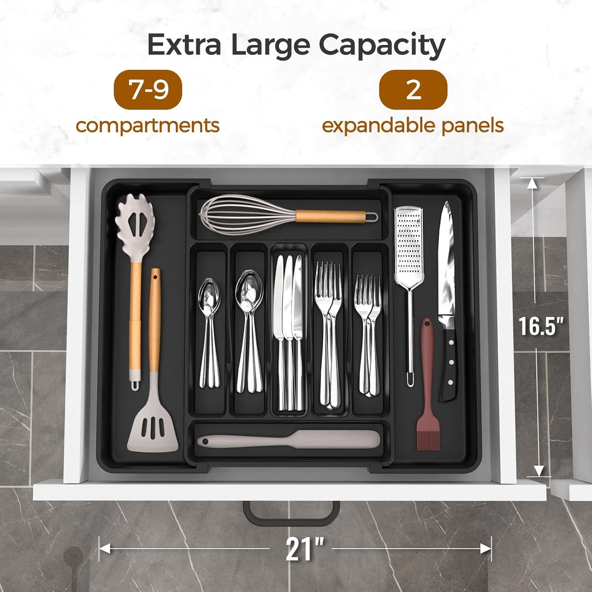 Extra Large Expandable Silverware Organizer, BPA-Free Food-Safe Cutlery Flatware Organizer, Kitchen Utensil Drawer Organizer, Adjustable Silverware Holder for Spoons Forks Knives, Black