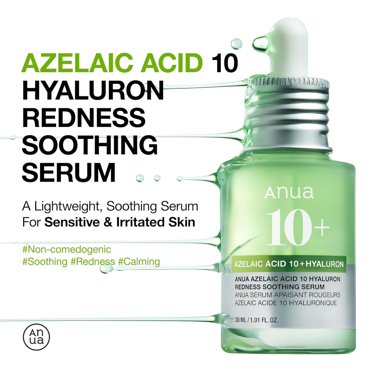 Anua Azelaic Acid 10 Hyaluron Redness Soothing Serum, Facial Serum for Sensitive skin, Hyaluronic Acid, Niacinamide, Spot Care, Natural Color, Vegan, Korean Skincare (30ml/ 1.01 fl oz.)