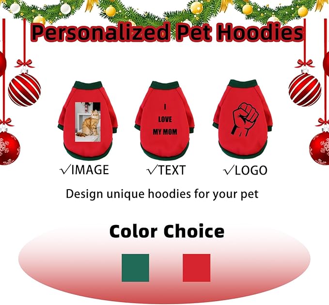 Custom Dog Hoodie, Personalized Sweatshirt with Photo Text Name Logo, Customized Hooded Sweater for Small Medium Large Dogs & Cats (Red + Green Sleeves, Medium)