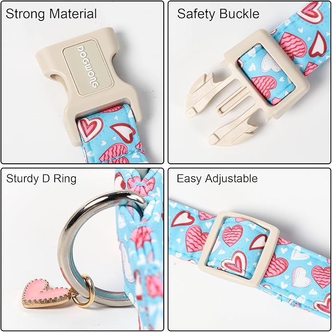 DOGWONG Blue Heart Dog Collar, Cute Valentine Collar, Valentine's Day Dog Collar with Strong Plastic Buckle for Small Medium Large Dogs,M