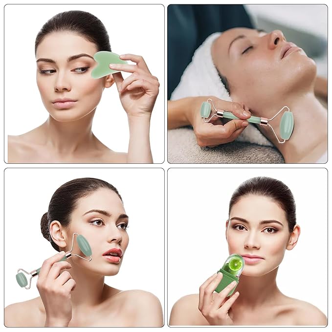 Ice Roller For Face ,Jade Roller & Gua Sha Facial Tool,Reusable Ice Stick Remove Dark Circle,Massager for Wrinkles & Eye Puffiness,Silicone Ice Mold for Face Beauty,Skin Care Gift Set for Women Men