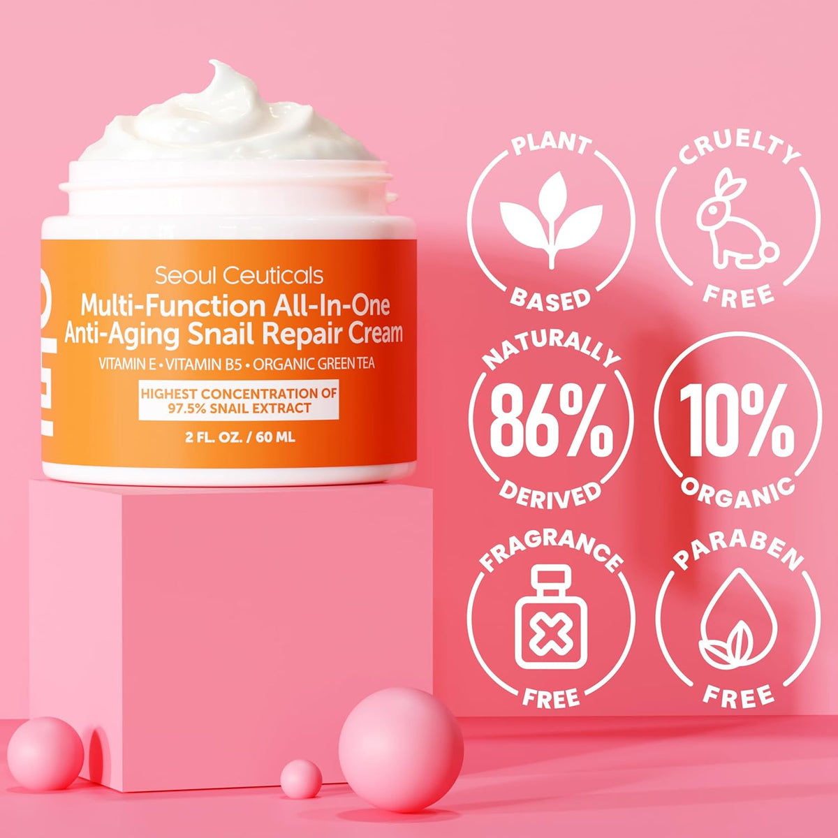 SeoulCeuticals Korean Skin Care 97.5% Snail Mucin Moisturizer Cream - K Beauty Skincare Day & Night Snail Repair Cream Filtrate Cruelty Free 2oz
