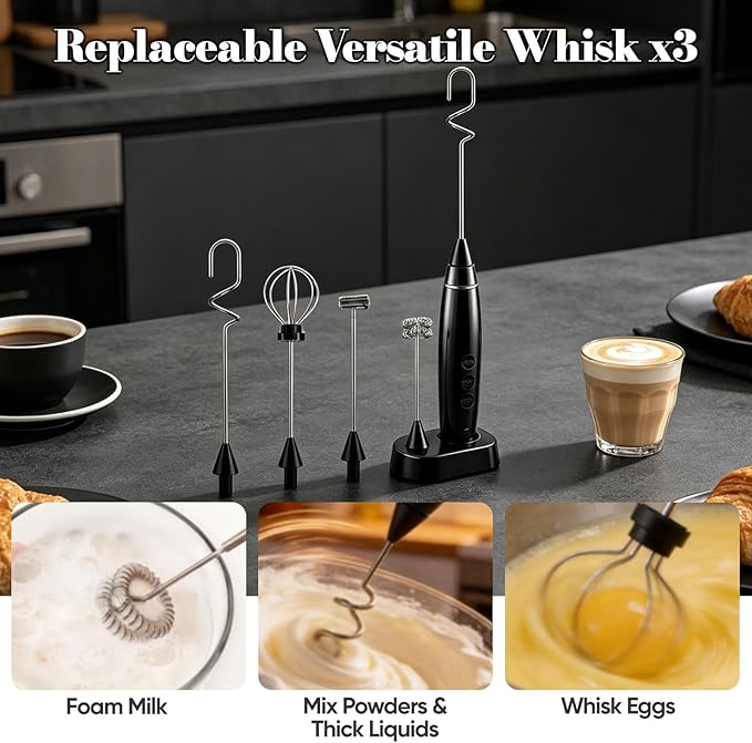 Rechargeable Milk Frother with Stand, 3-Speed Electric Handheld Foam Maker with 3 Whisks, Stainless Steel Blender for Coffee, Latte, Cappuccino, Hot Chocolate & Egg Mixes, USB Charging, Black