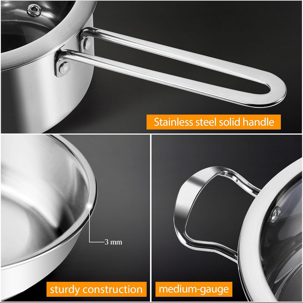Stainless Steel Pots and Pans Set, 6 Piece Kitchen Induction Cookware Sets with Glass Lids, Works with Induction, Electric and Gas Cooktops, Non Toxic, Oven & Dishwasher Safe