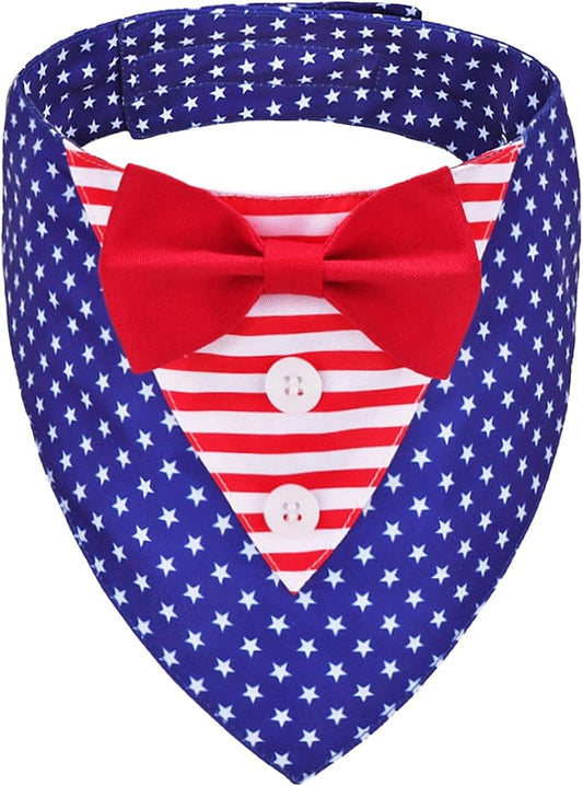 ADOGGYGO American Flag Dog Tuxedo Bandana, Red Blue Pet Tux with Bowtie Adjustable 4th of Julty Bandana Costume for Extra Small Dogs Pets (XS)
