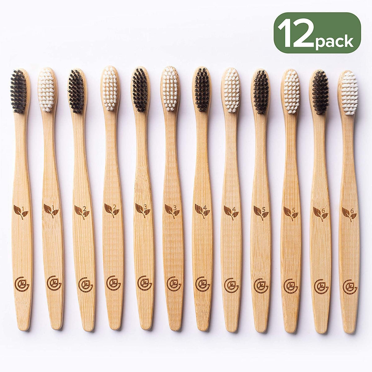Greenzla Bamboo Toothbrushes for Adults – 12 Pack Wooden Toothbrush Set with Charcoal-Infused Soft Bristles, Natural Oral Care for Daily Use