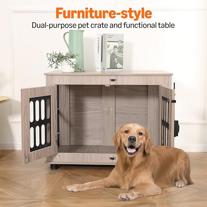 Amazon Basics Heavy Duty Dog Crate Furniture for Small to Medium Dogs, Wooden Decorative Dog Kennel Cage Indoor with Safety Lock, 38.5" L x 26.8" W x 25.6" H