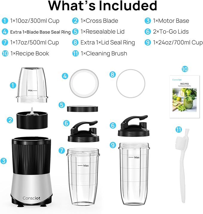 Consciot CB08 11-Piece Blender for Kitchen and Personal Size, Blend Shakes and Smoothies, Frozen Drinks, Baby Food, Spreads & More, 3 Portable To-Go Cups & 2 Spout Lids & 1 Solid Lid, 900 Peak Watts