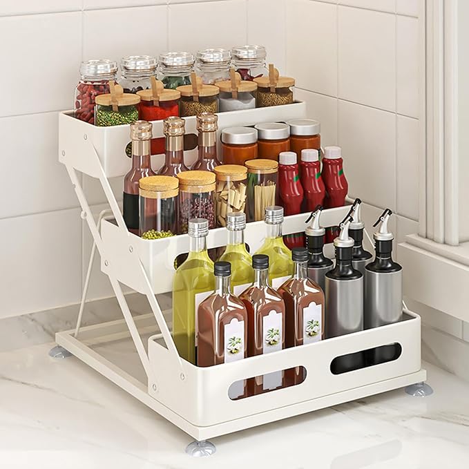 Ceetug 3 Tier Foldable Spice Rack for Countertop Iron Kitchen Seasoning Organizer for Cabinet, White