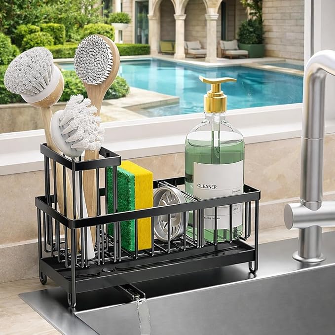 Success Goods Kitchen Sink Caddy Organizer – Stainless Steel Sponge Holder with Brush Holder, Countertop Dish Soap Rack, Black