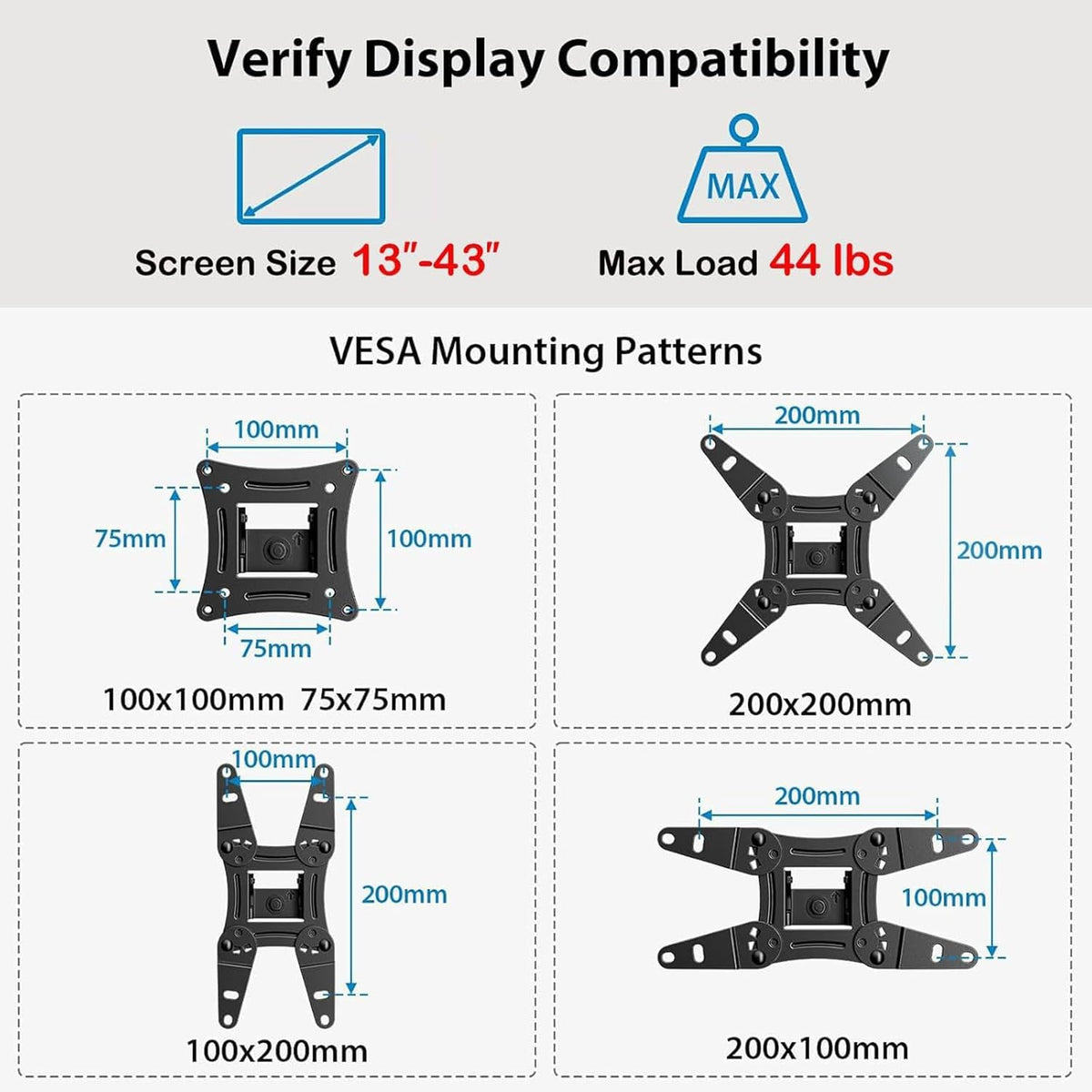 Pipishell Full Motion TV Wall Mount for Echo Show 21/15 and 13-42 Inch Flat Curved Screen TVs & Monitors, Max VESA 200x200mm up to 44lbs, TV Mount Wall Bracket with Rotation Swivel Tilt Extension
