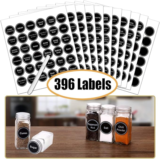 SWOMMOLY Spice Rack Organizer with 36 Empty Square Spice Jars, 396 Spice Labels with Chalk Marker and Funnel Complete Set, for Countertop, Cabinet or Wall Mount, Black