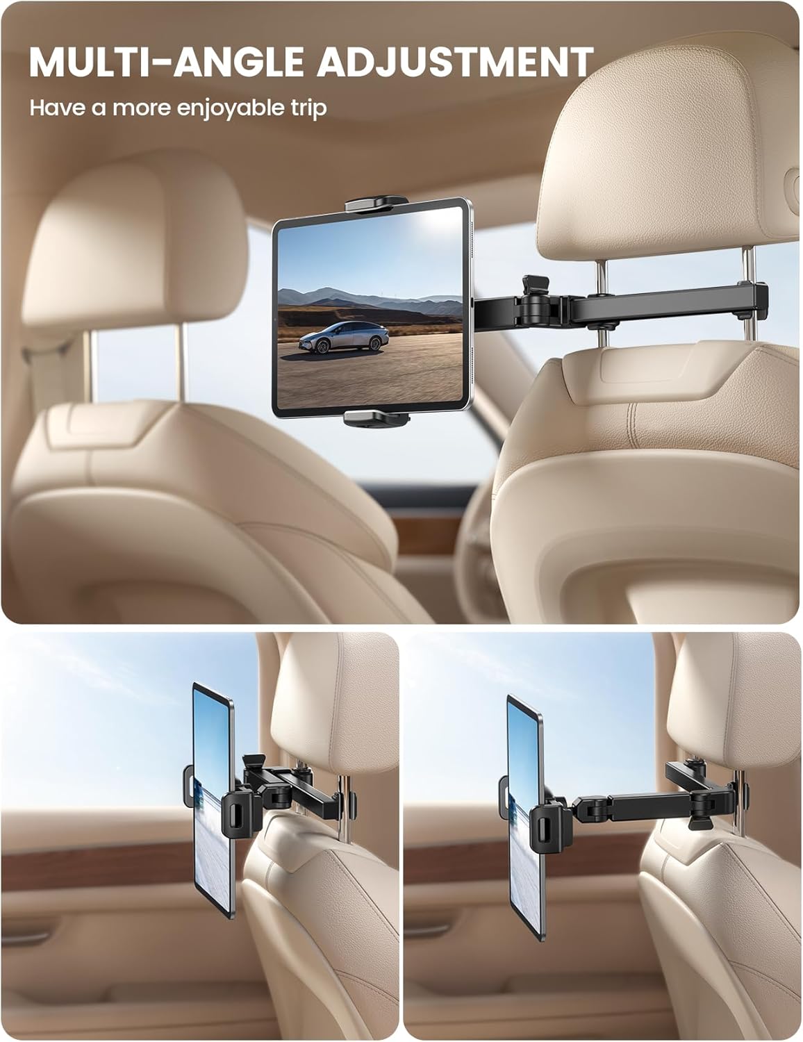Lamicall Car Headrest Tablet Holder - [3 in 1 Extension Arm] Adjustable Tablet Car Mount for Back Seat, Road Trip Essentials for Kids, for 4.7-11" Device Like iPad Pro, Air, Mini, Galaxy, Fire, Black