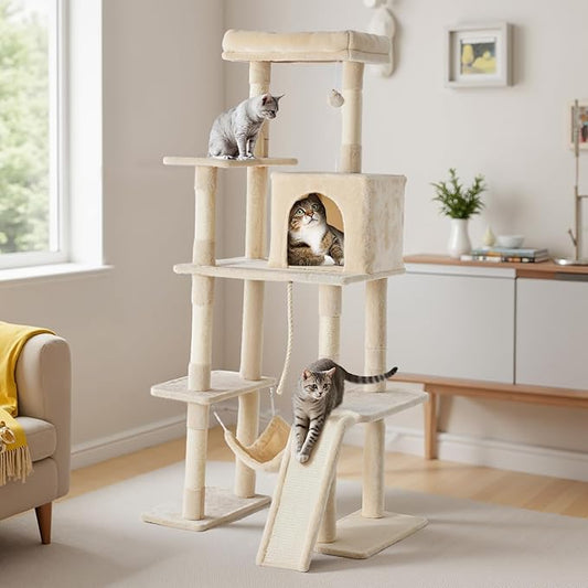 Large Cat Tree 63 Inch, Multi-Level Tall Cat Tree Tower with Condo, Perch, Sisal Scratching Posts Board and Hammock, Pet Play House with Dangling Balls for Indoor Cats, Beige