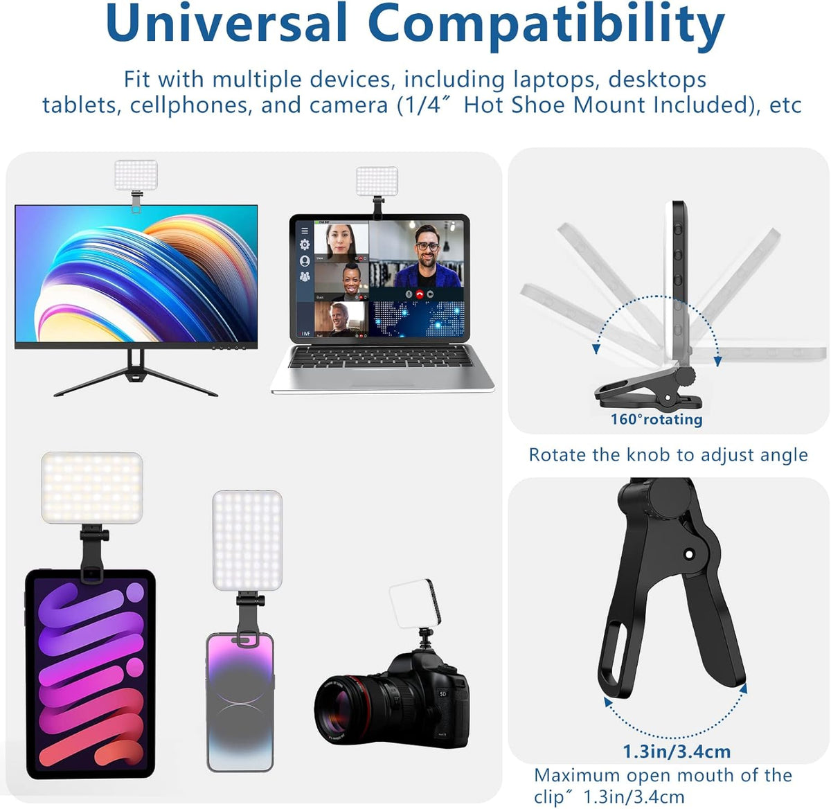 ALTSON 60 LED Portable Selfie Light Video Conference Lighting with Clip & Camera Tripod Adapter Rechargeable 2200mAh CRI 97+, 3 Light Modes for Phone iPhone Webcam Laptop Photo Makeup